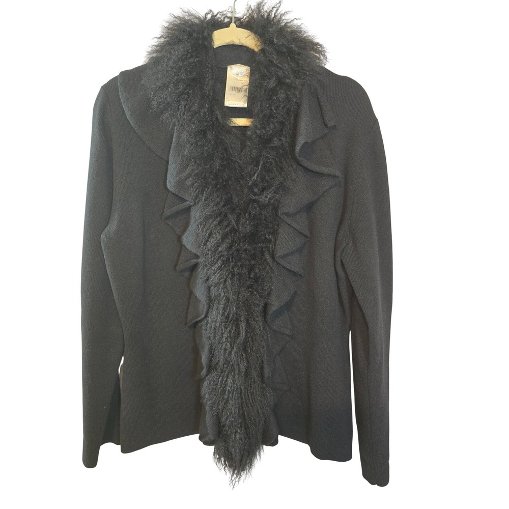 Cashmere‎ House Sample Black Fur Trimmed Ruffle Cardigan Sweater Size L  2011